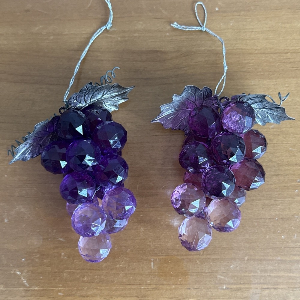 Pair Vtg Lucite Faceted Grape Cluster Christmas Ornaments Purple Silver Leaf